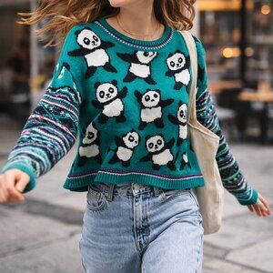 Coincidence & Chance Panda Sweater Boxy Cropped Novelty Knit Medium
